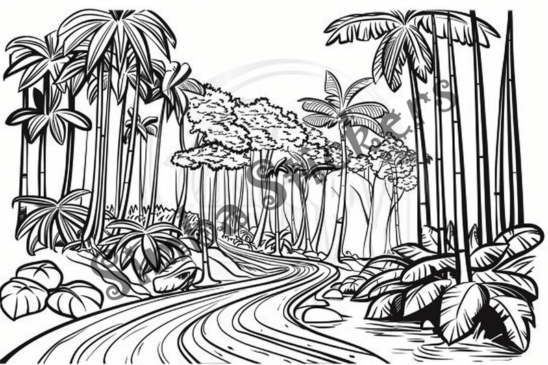 Colouring pages, bundle of Equatorial Rainforest landscape, 25 images 2
