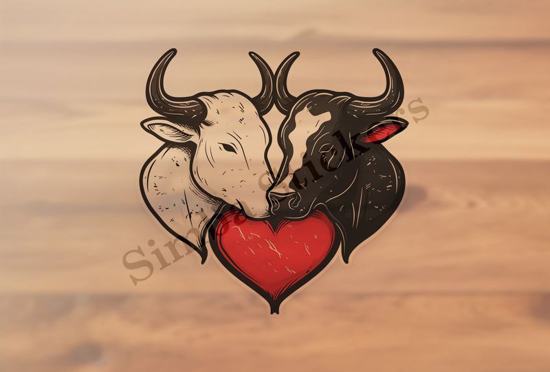 Bull and cow, romantic, with large heart,  outline art