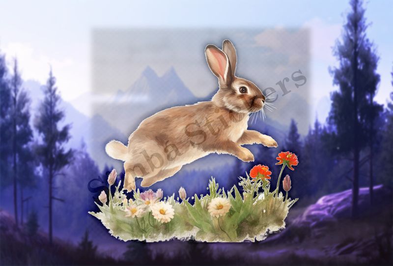 Rabbit jumping on flowery grass, watercolour