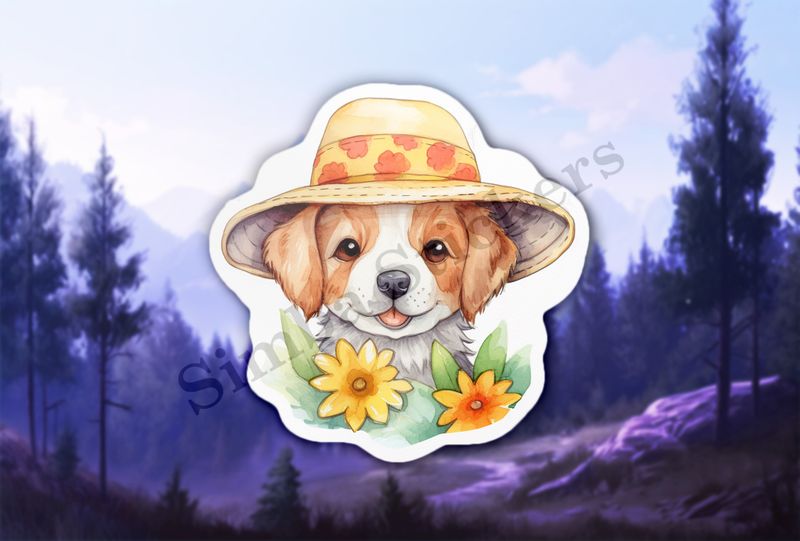 Dog in a hat, with flowers