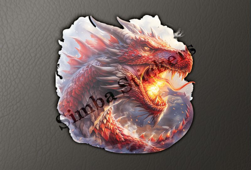 Red dragon, breathing fire in misty background