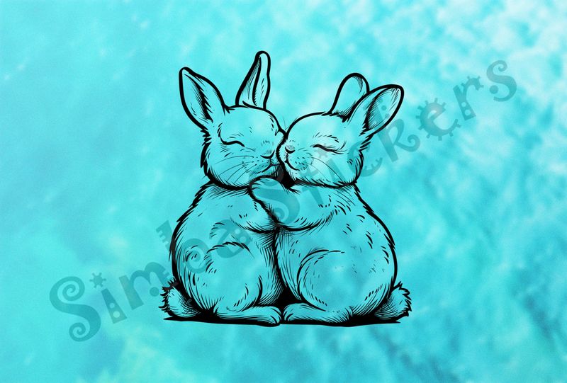 Hares cuddling arm-in-arm, outline art