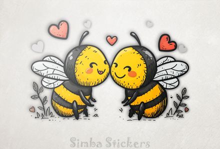 Bees in love cheek-to-cheek, with romantic hearts, watercolour