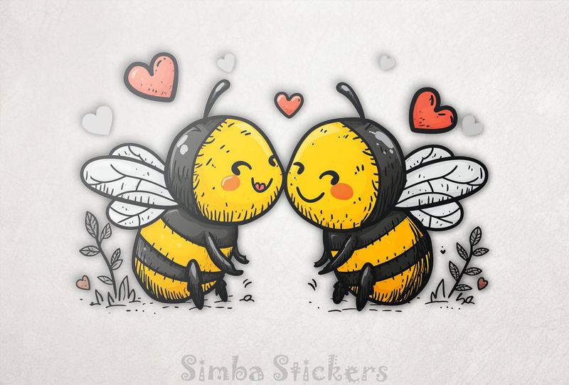 Bees in love cheek-to-cheek, with romantic hearts, watercolour