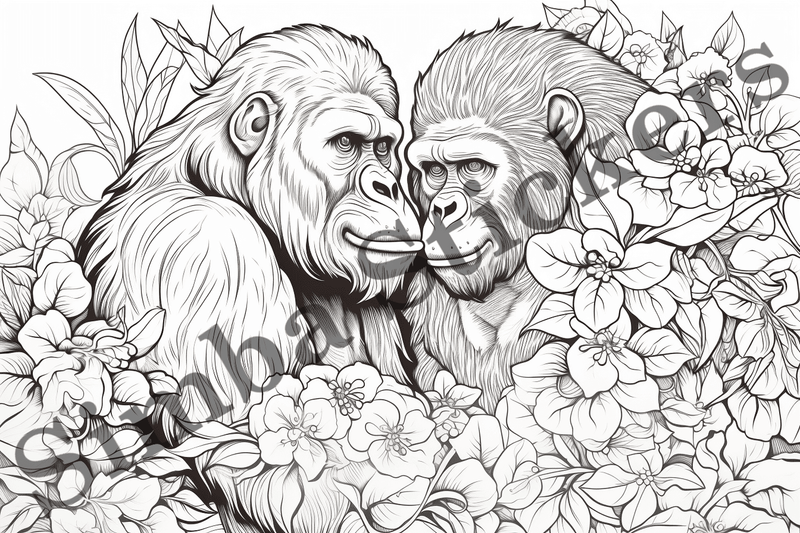 Colouring pages, bundle of gorillas in love, 10 images