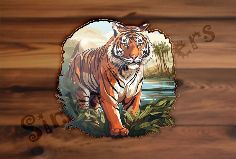 Tiger in the jungle, with a pond behind