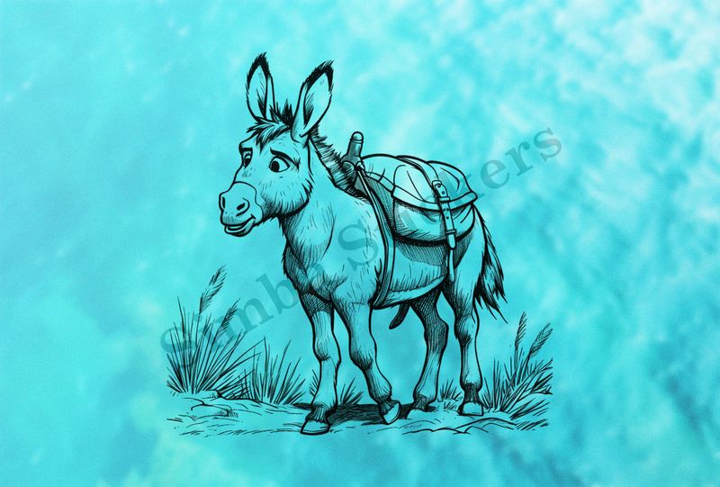 Small donkey carrying packaging, outline art