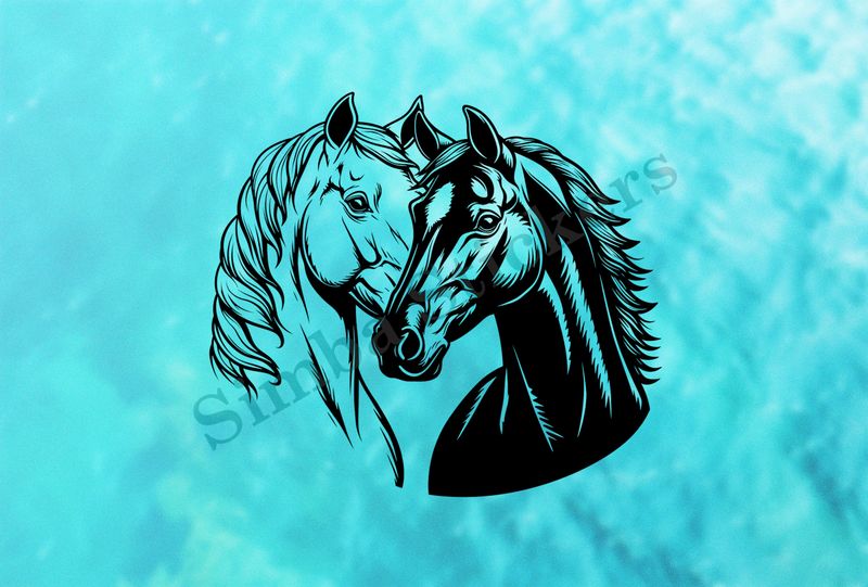 Horses in love, black and white bust outline art
