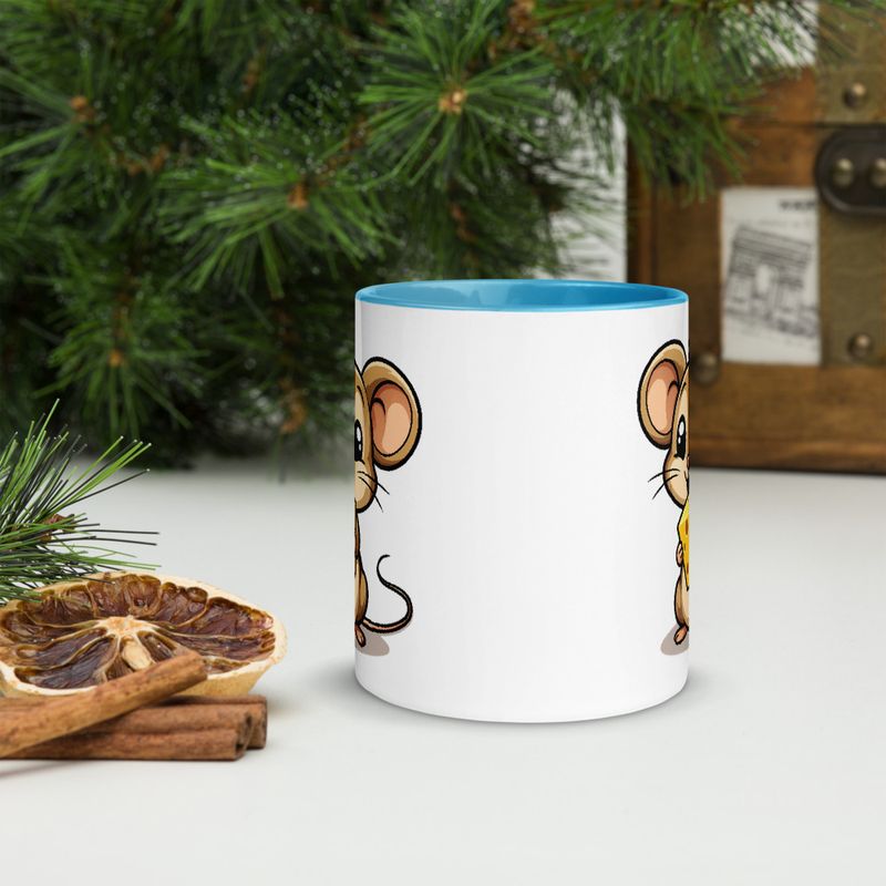 White Ceramic Mug with Color Inside,11&amp;15oz,Small Mouse happily licking large chunk of cheese,pqapy6