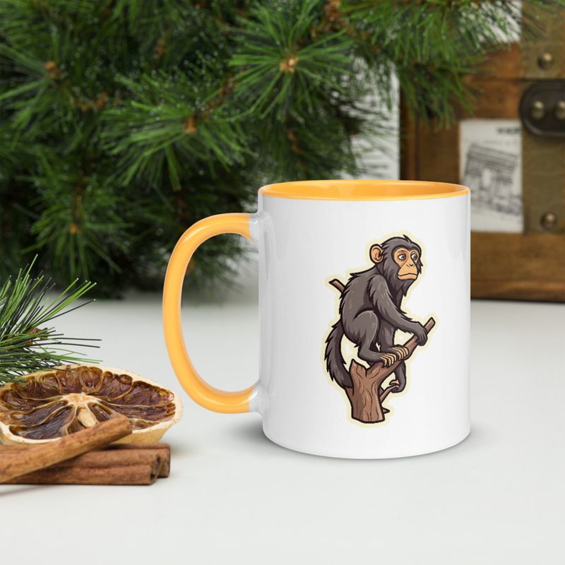 White Ceramic Mug with Color Inside, 11oz &amp; 15oz, Baboon on a tree, looking sad, head-to-head