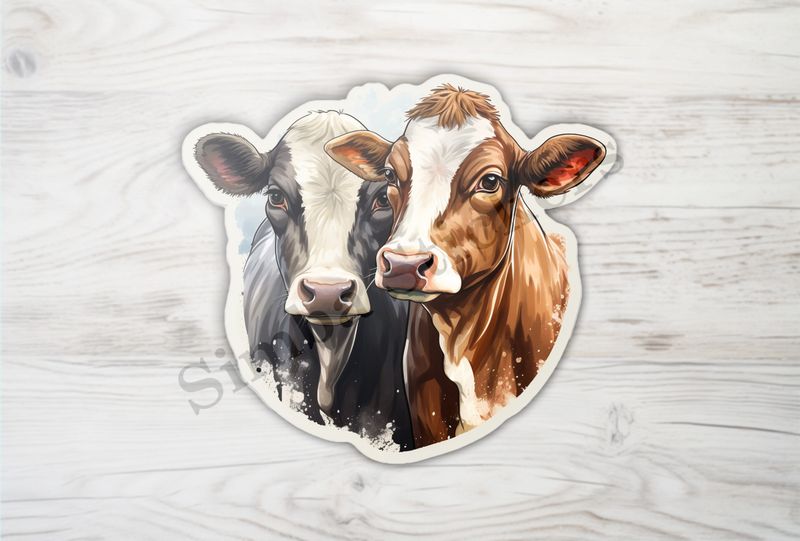 Cows, black and brown,  cheek-to-cheek, watercolour