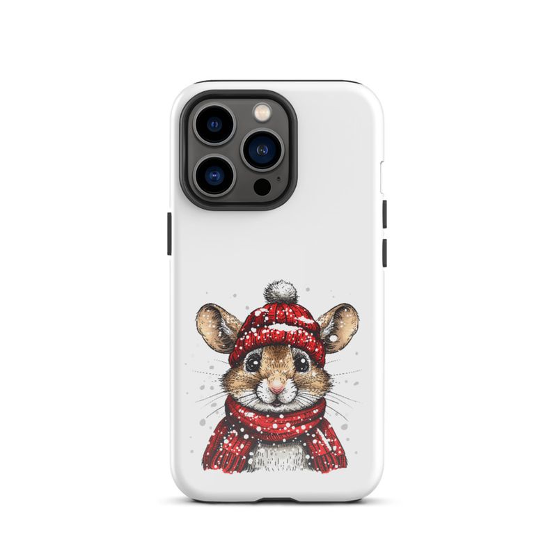 Tough Case for iPhone, Mouse wearing red winter hat and scarf in the snow, xg8dl3