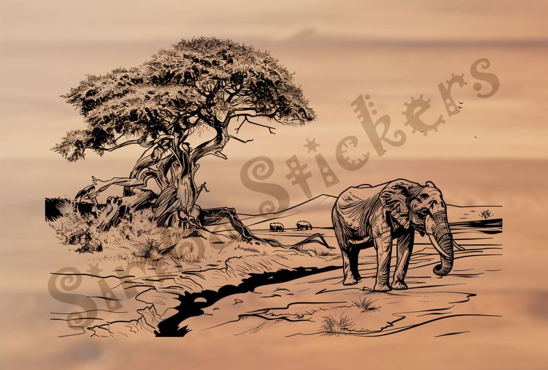 African Savanna landscape, with elephant, outline art