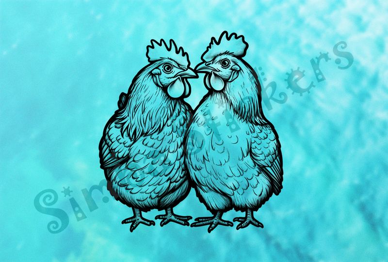 Rooster and hen chicken cuddling beak-to-beak, outline art