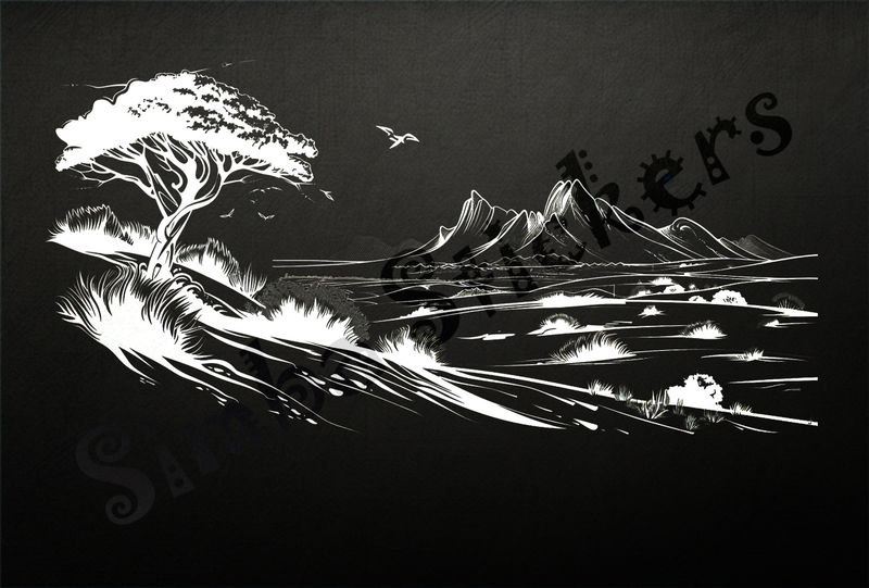 African Savanna landscape, low shrubs in middle, outline art