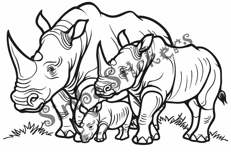 Colouring pages, bundle of rhino families, 10 images