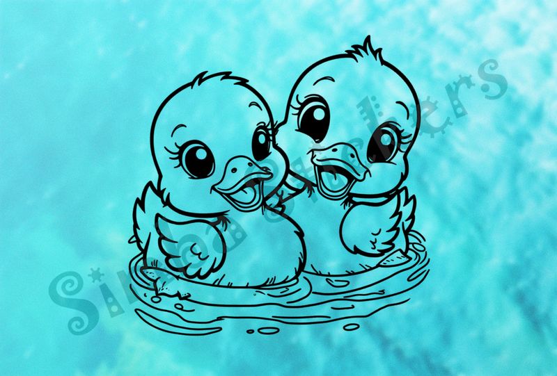 Ducklings cuddling romantically in water, outline art