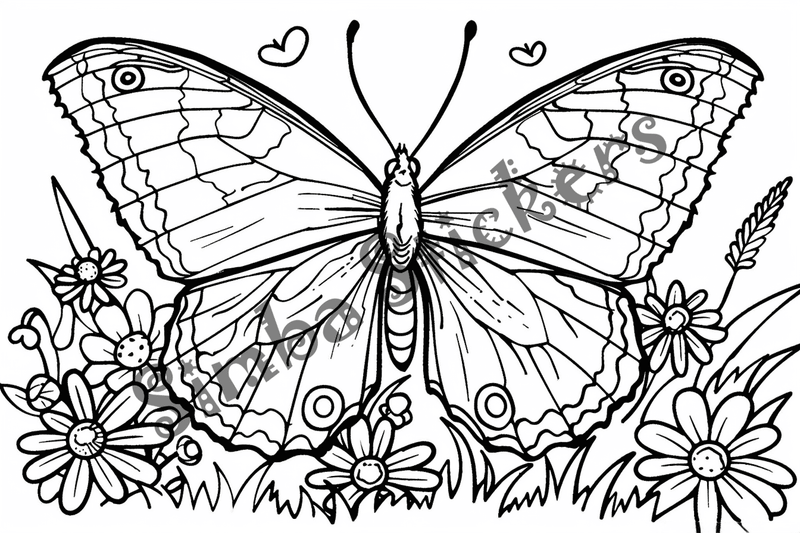 Colouring pages, bundle of butterflies over food or flowers, 25 images