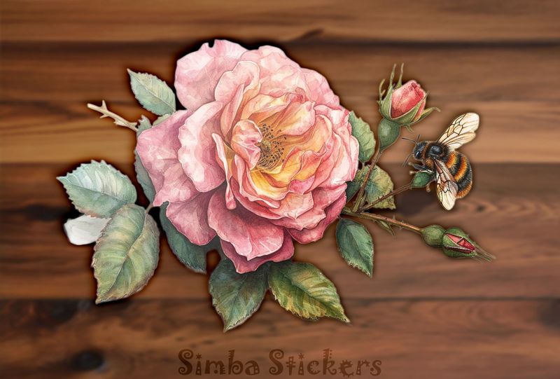 Bee buzzing around a pink rose flower