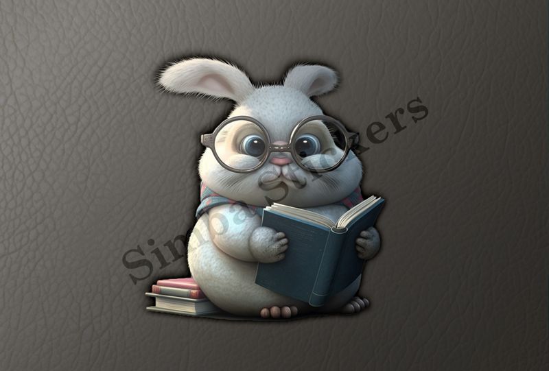 Chubby bunny in glasses holding a book