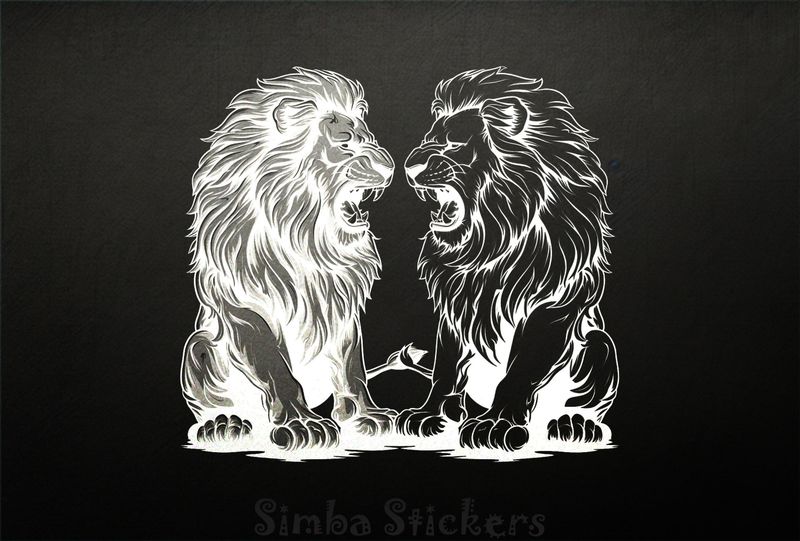 Two Lions roaring at each other while sitting, outline art, blyljo