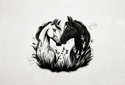 Horses in love, black and white, bust, in heart frame, outline art