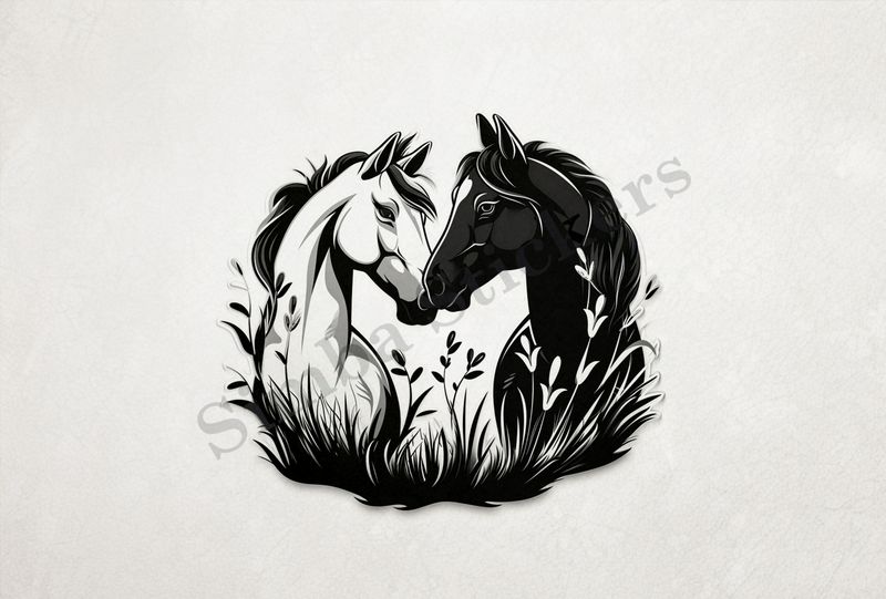 Horses in love, black and white, bust, in heart frame, outline art