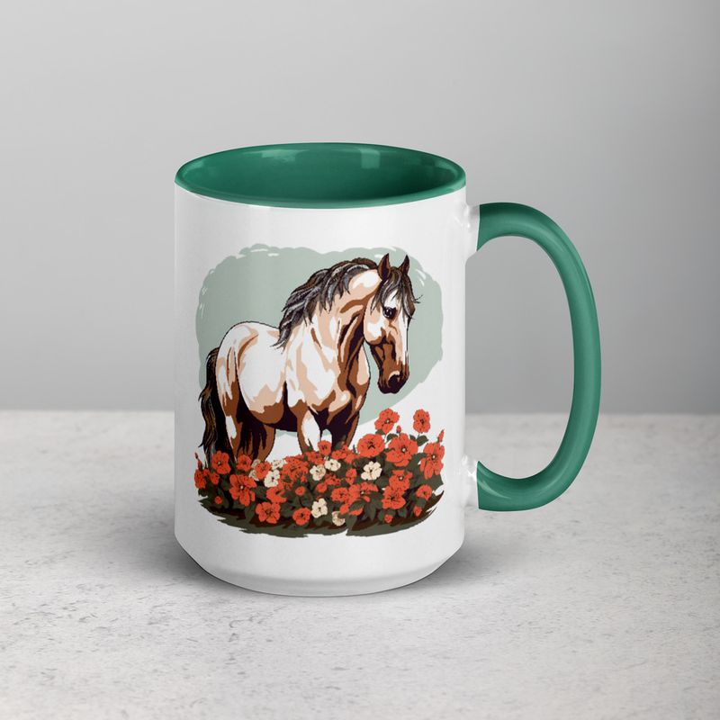 White Ceramic Mug with Color Inside, 11&amp;15oz, Brown horse in field of red flowers, n4w2fj