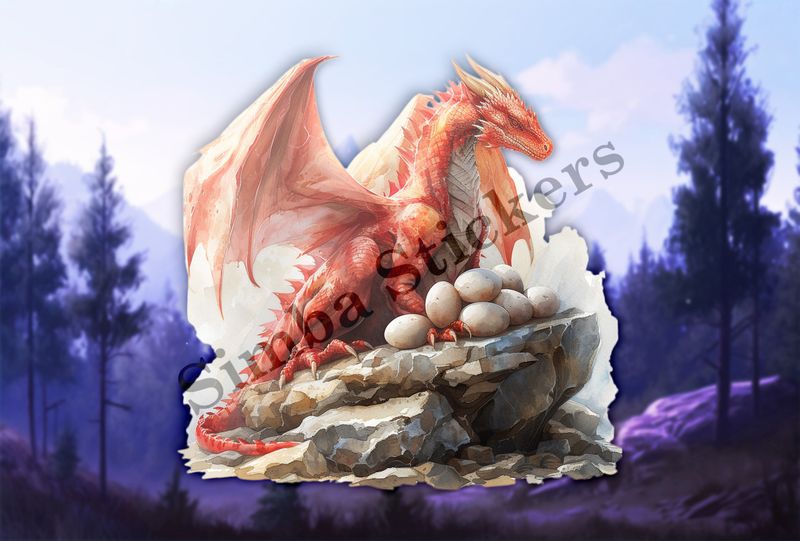 Red dragon brooding over her eggs, watercolour