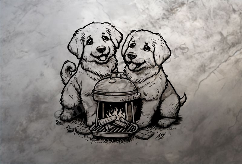 Dogs cuddling by a charcoal grill, outline art, dn8if9