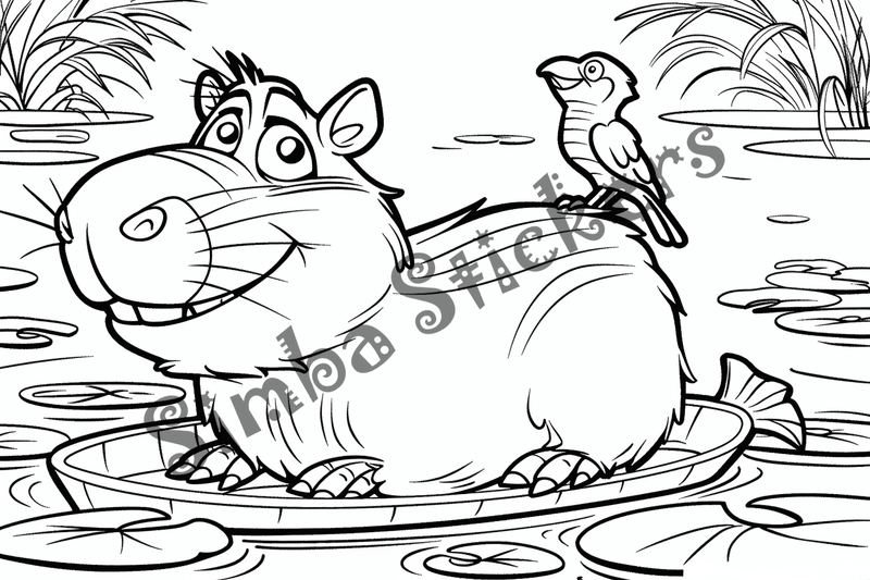 Colouring pages, bundle of capybaras with birds, 10 images