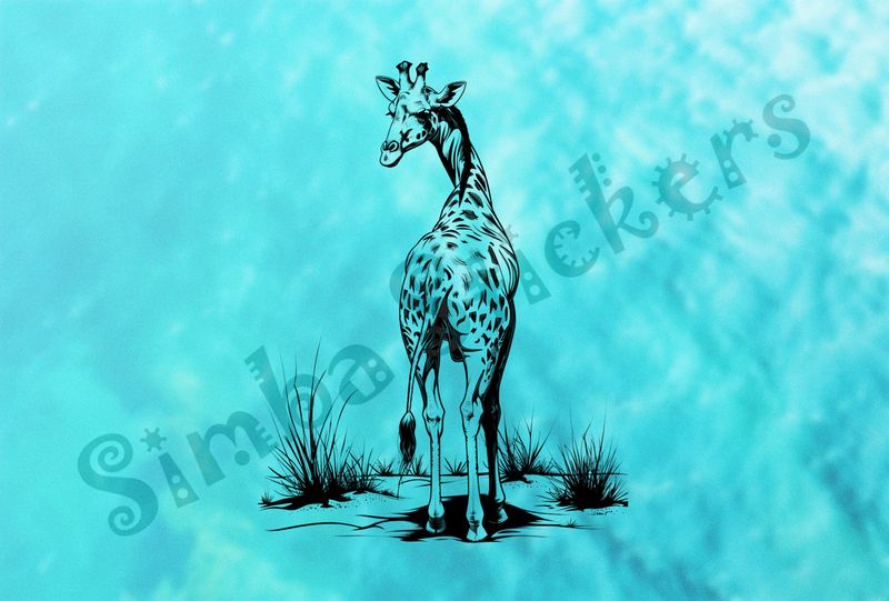 Giraffe from behind, head turned backwards to the left, outline art