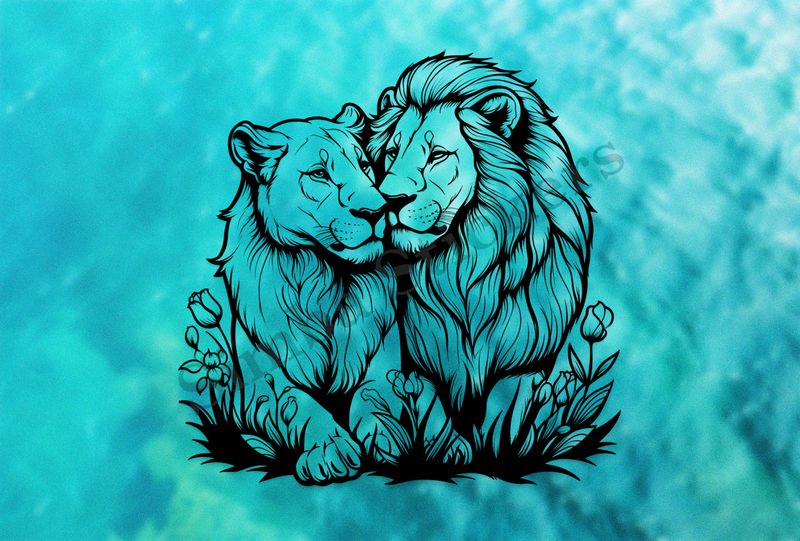 Male lion with lioness, outline art