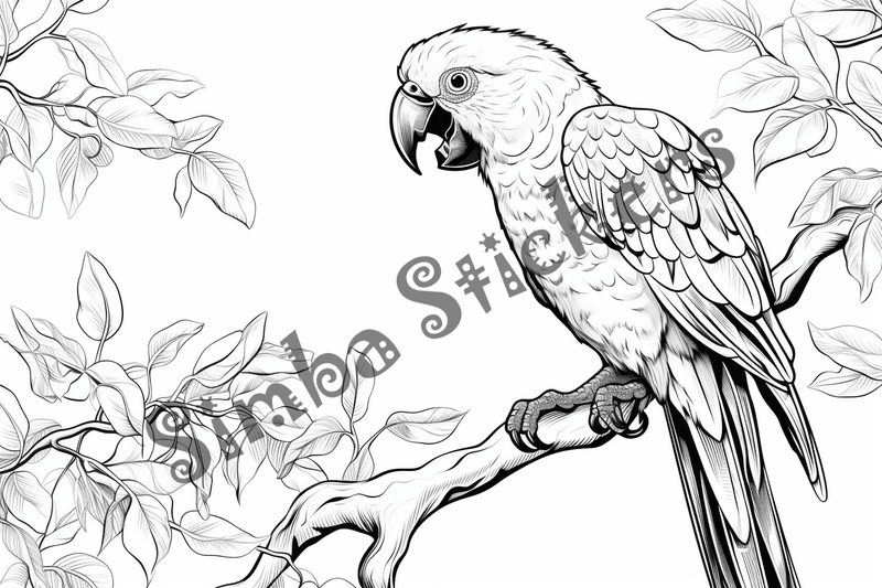 Colouring pages, bundle of parrots perching, 10 images