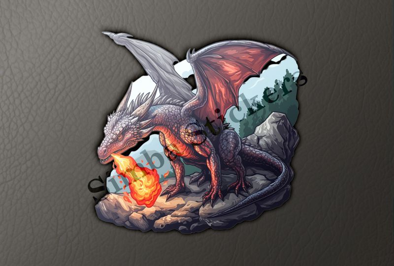 Dragon breathing fire from a high rock