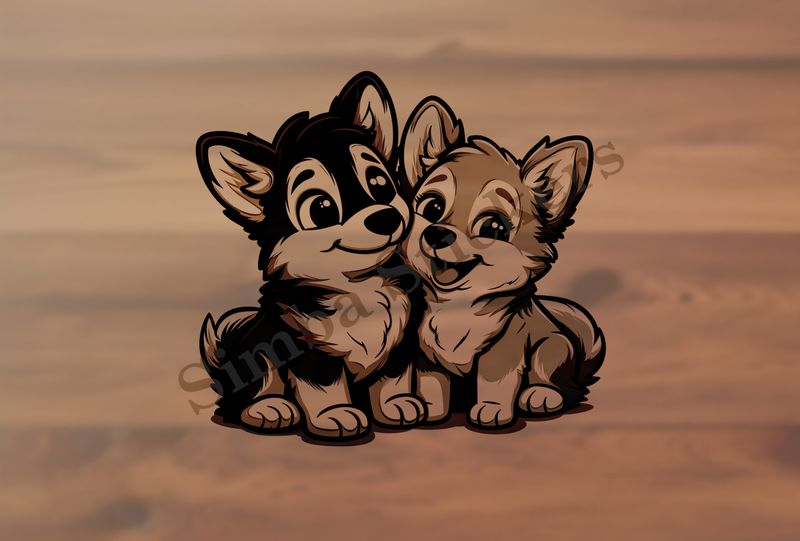 Happy dogs cuddling, outline art