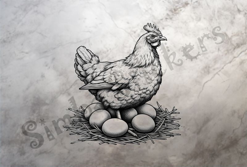 Hen brooding over many eggs, outline art