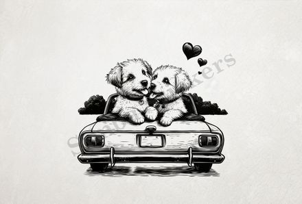 Dogs in love sitting on the trunk of a car, outline art, a6behd