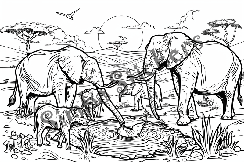 Colouring pages, bundle of African Savanna landscape with animals, 10 images