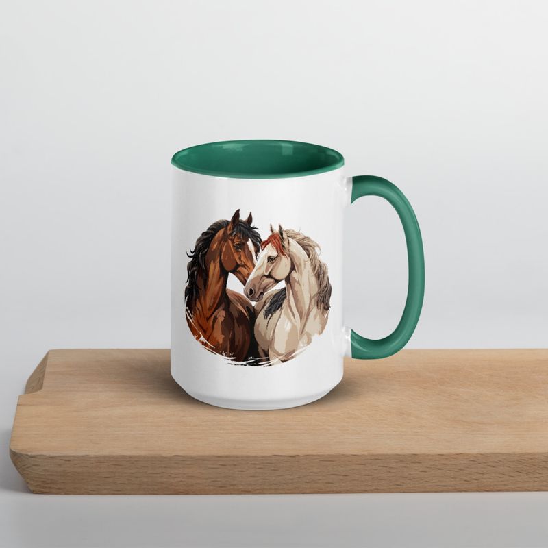 White Ceramic Mug with Color Inside, 11&amp;15oz, Horses nose-to-nose, jbgjpy