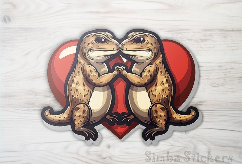 Llizards holding hands nose-to-nose in front of Valentine&#x27;s heart