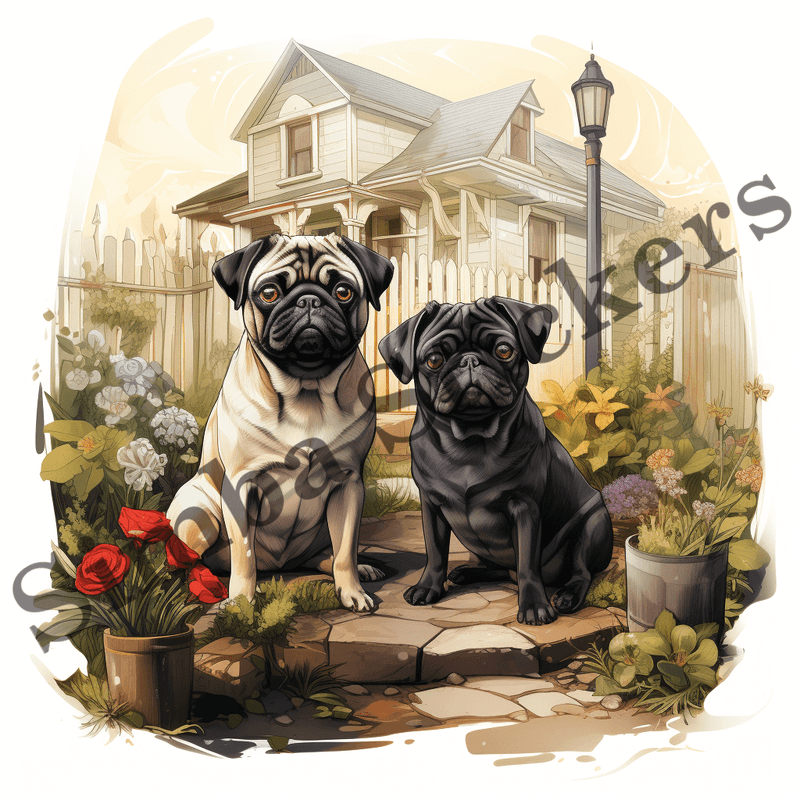 Pug dogs outdoors, image set, 10 images