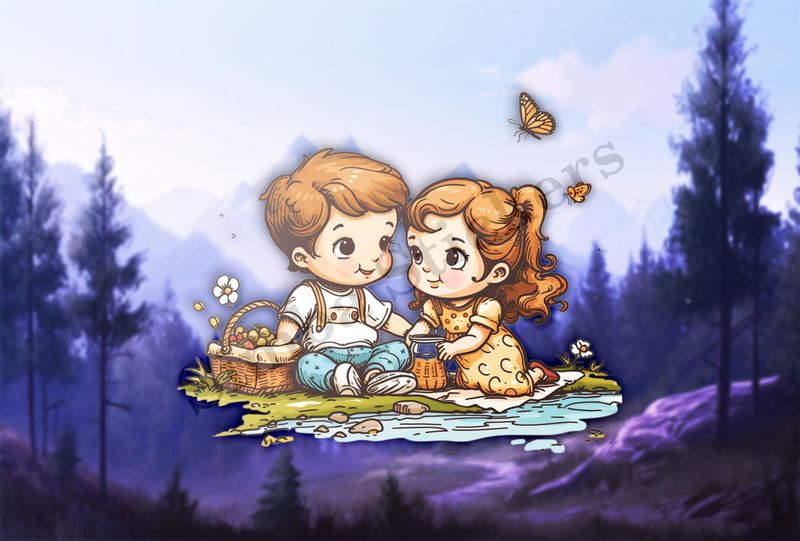 Boy and girl with a picnic basket by a pond