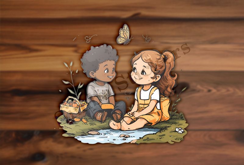 Boy and girl with a picnic basket by a pond, butterfly in the air