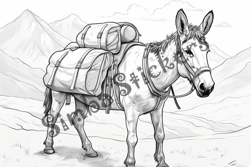 Colouring pages, bundle of donkeys with children, 25 images
