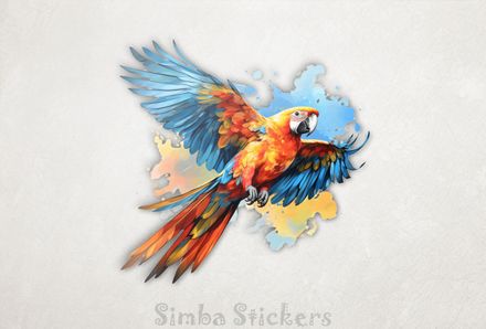 Parrot with yellow and blue background, wings outspread, watercolour, 6317of