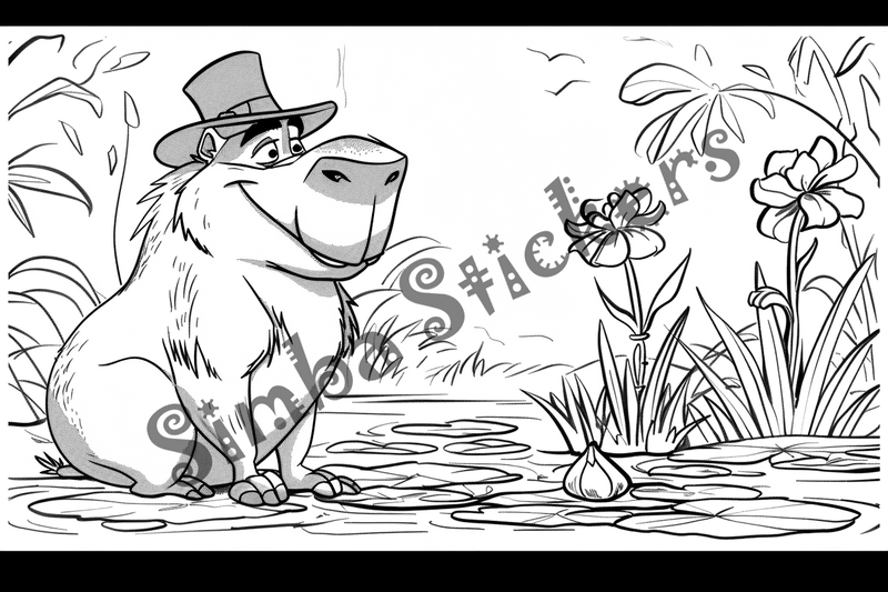 Colouring pages, bundle of capybaras in glasses or top hats, 10 images
