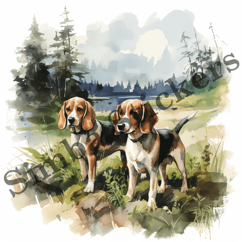 Beagle dogs in the wild, watercolour, image set, 10 images