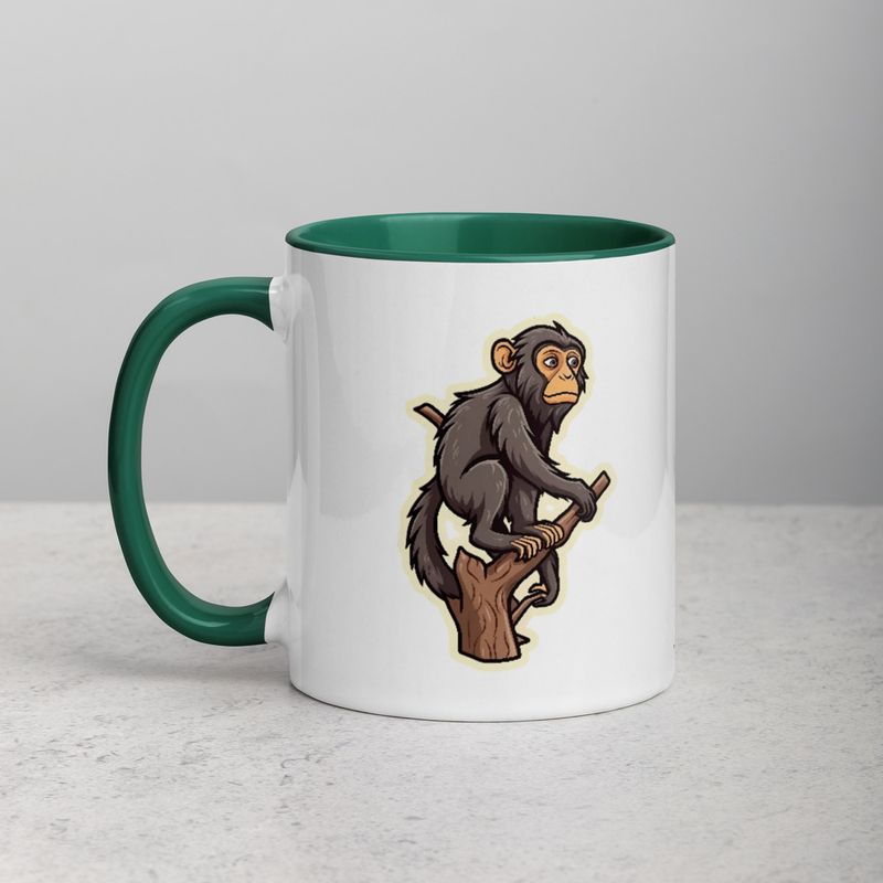 White Ceramic Mug with Color Inside, 11oz &amp; 15oz, Baboon on a tree, looking sad, head-to-head