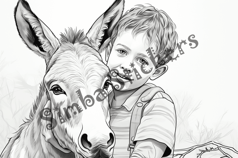 Colouring pages, bundle of donkeys with children, 10 images